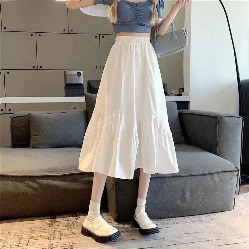 Summer 2025 New High-Waisted Slimming Umbrella Skirt Pure Desire Aesthetic White A- Line Medium-Length Skirt For Women