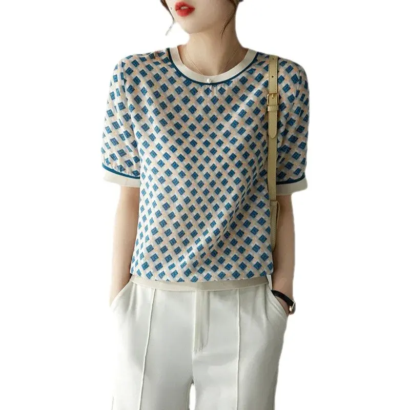 Elegant Round Neck T-Shirt Women's Short Sleeves Summer New Arrival Top Quality Polyester Fabric Color Block Design Crew Neck St