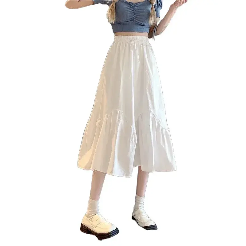 Summer 2025 New High-Waisted Slimming Umbrella Skirt Pure Desire Aesthetic White A- Line Medium-Length Skirt For Women