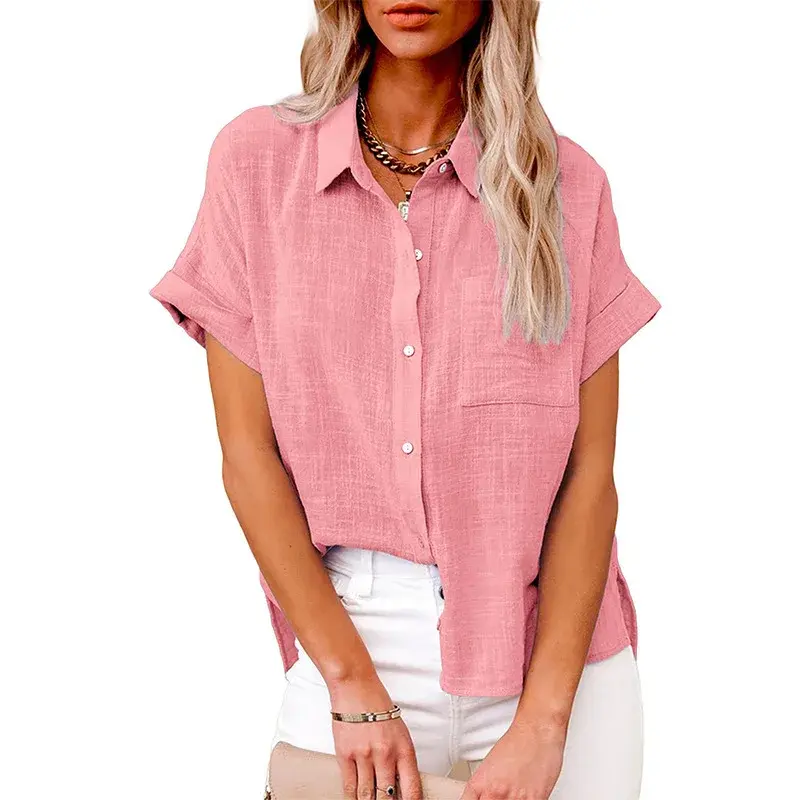 Summer New Loose Cotton Linen Short Sleeve Shirt Pure Color Women's Casual Shirt Button up Top Breathable Comfortable Blouse