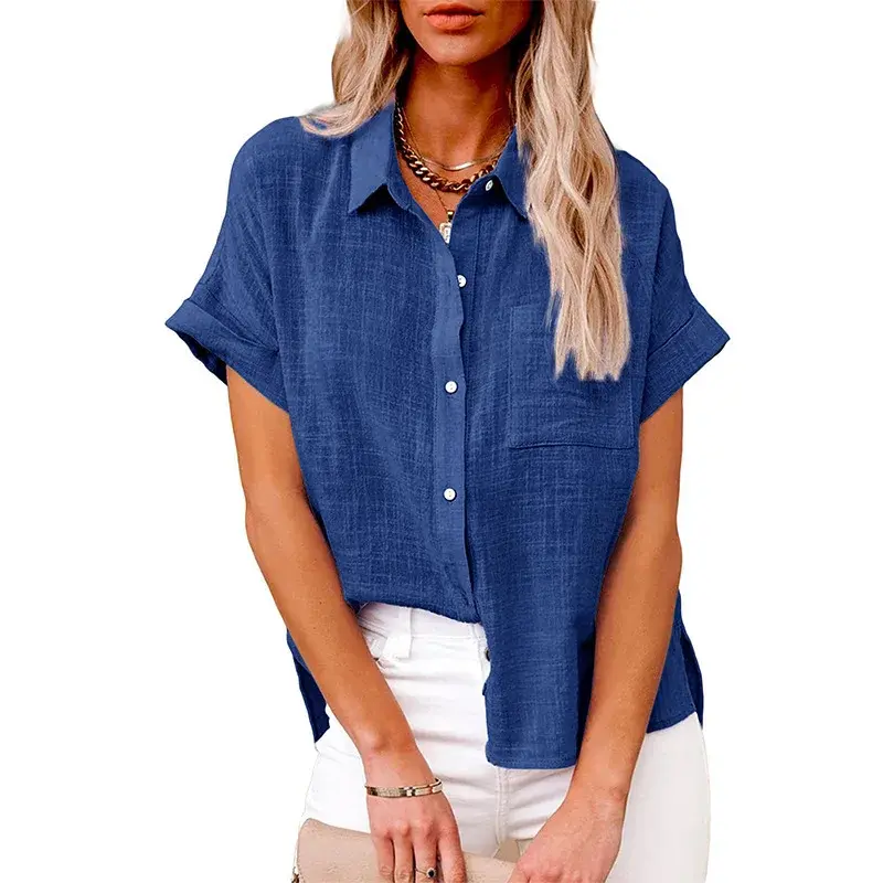 Summer New Loose Cotton Linen Short Sleeve Shirt Pure Color Women's Casual Shirt Button up Top Breathable Comfortable Blouse