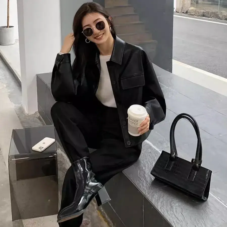 Korean Chic Autumn Loose Casual Long Sleeve Biker Jacket Women's Short Coat Single Button Notch Collar Leather Shirt