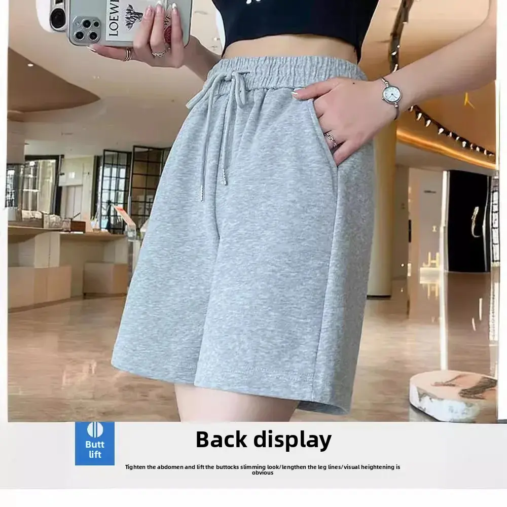 Gray Sports Shorts Women's Summer Thin High Waist Slimming Loose Straight Leg Running Wide Leg Five-Quarter Pants