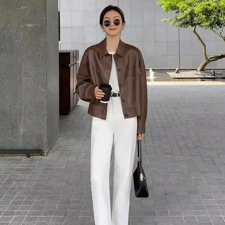 Korean Chic Autumn Loose Casual Long Sleeve Biker Jacket Women's Short Coat Single Button Notch Collar Leather Shirt