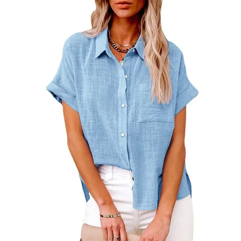 Summer New Loose Cotton Linen Short Sleeve Shirt Pure Color Women's Casual Shirt Button up Top Breathable Comfortable Blouse