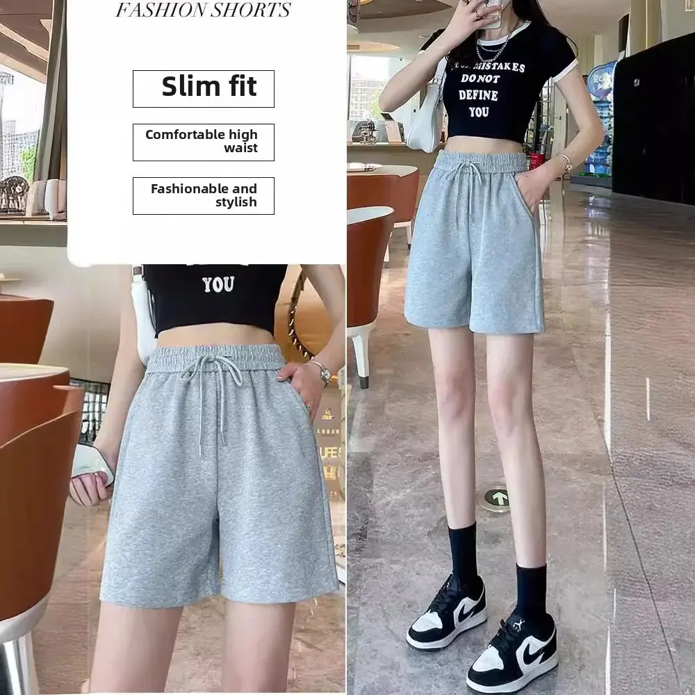 Gray Sports Shorts Women's Summer Thin High Waist Slimming Loose Straight Leg Running Wide Leg Five-Quarter Pants