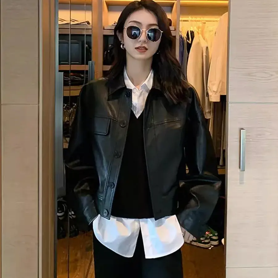 Korean Chic Autumn Loose Casual Long Sleeve Biker Jacket Women's Short Coat Single Button Notch Collar Leather Shirt