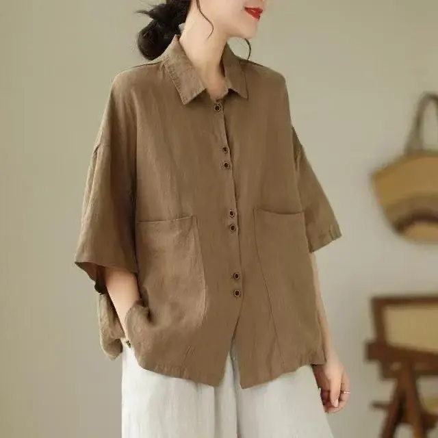 Women's Cotton Linen Polo Shirt Casual Loose Fit Five Sleeve Buttons Classic Style Summer Spring Fashion Artistic Trend