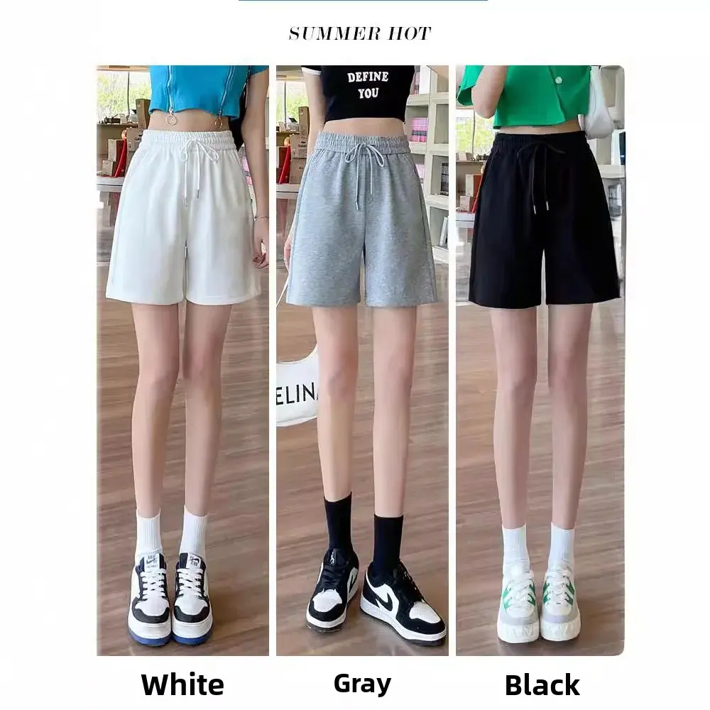 Gray Sports Shorts Women's Summer Thin High Waist Slimming Loose Straight Leg Running Wide Leg Five-Quarter Pants