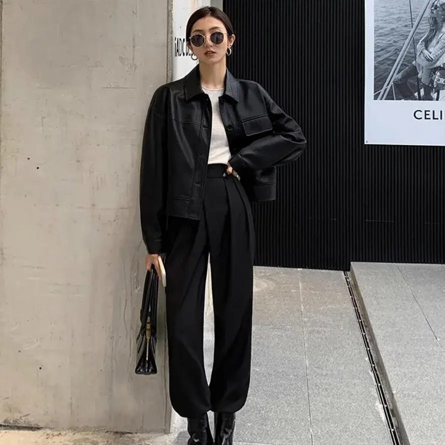 Korean Chic Autumn Loose Casual Long Sleeve Biker Jacket Women's Short Coat Single Button Notch Collar Leather Shirt