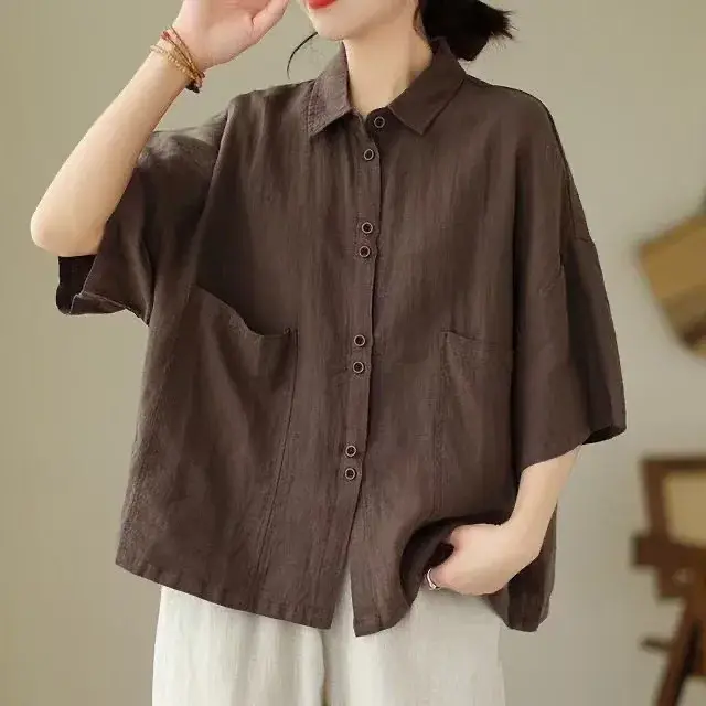 Women's Cotton Linen Polo Shirt Casual Loose Fit Five Sleeve Buttons Classic Style Summer Spring Fashion Artistic Trend
