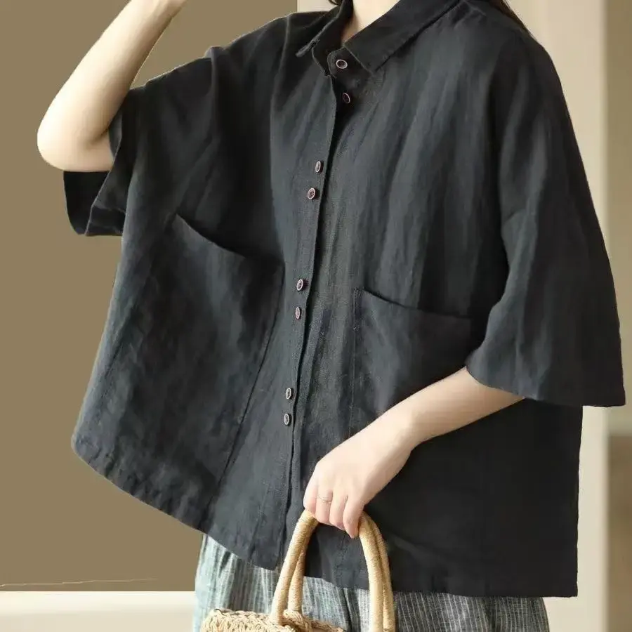Women's Cotton Linen Polo Shirt Casual Loose Fit Five Sleeve Buttons Classic Style Summer Spring Fashion Artistic Trend