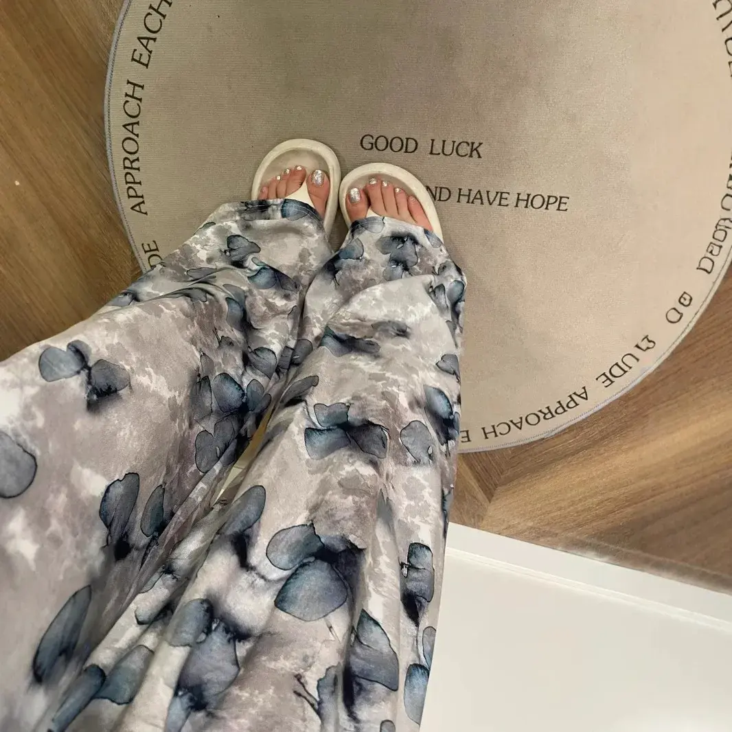 Summer Thin Home Cotton Silk Wide Leg Pants Draping Loose Floor-Length Outerwear Quick Dry Breathable Walking Pants