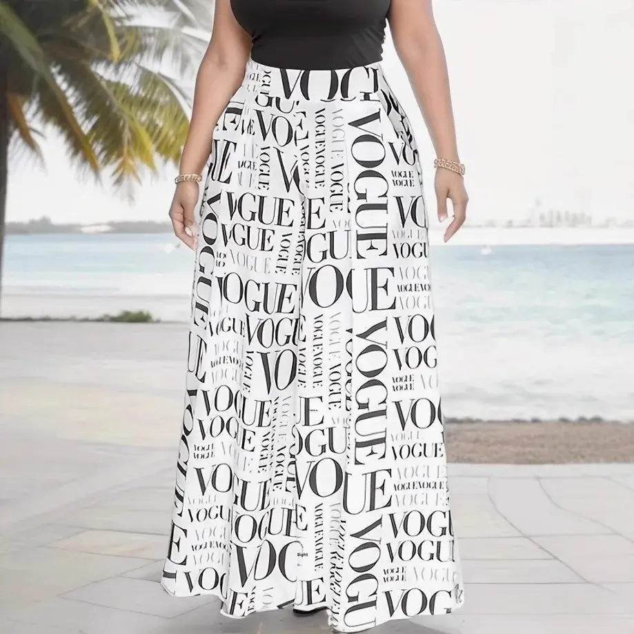 Summer Autumn New Letter Print Casual Wide Leg Pants Big Cuff Women's Long Trousers Nine Points Seven Points Five Points