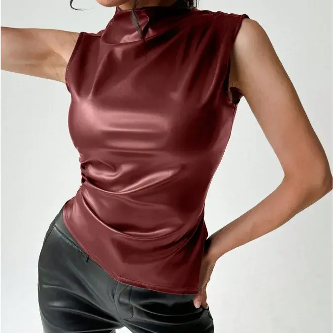 Women's Leather Crop Top Asymmetrical Hem Sleeveless Stand Collar Unisex Cross-Border Style Fashionable Casual Vest