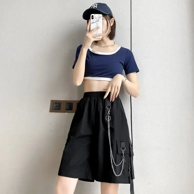 Slimming High Waist Wide Leg Pants Women's Summer Thin Workwear Knee-Length Shorts Harajuku Style Casual Five-Quarter Length