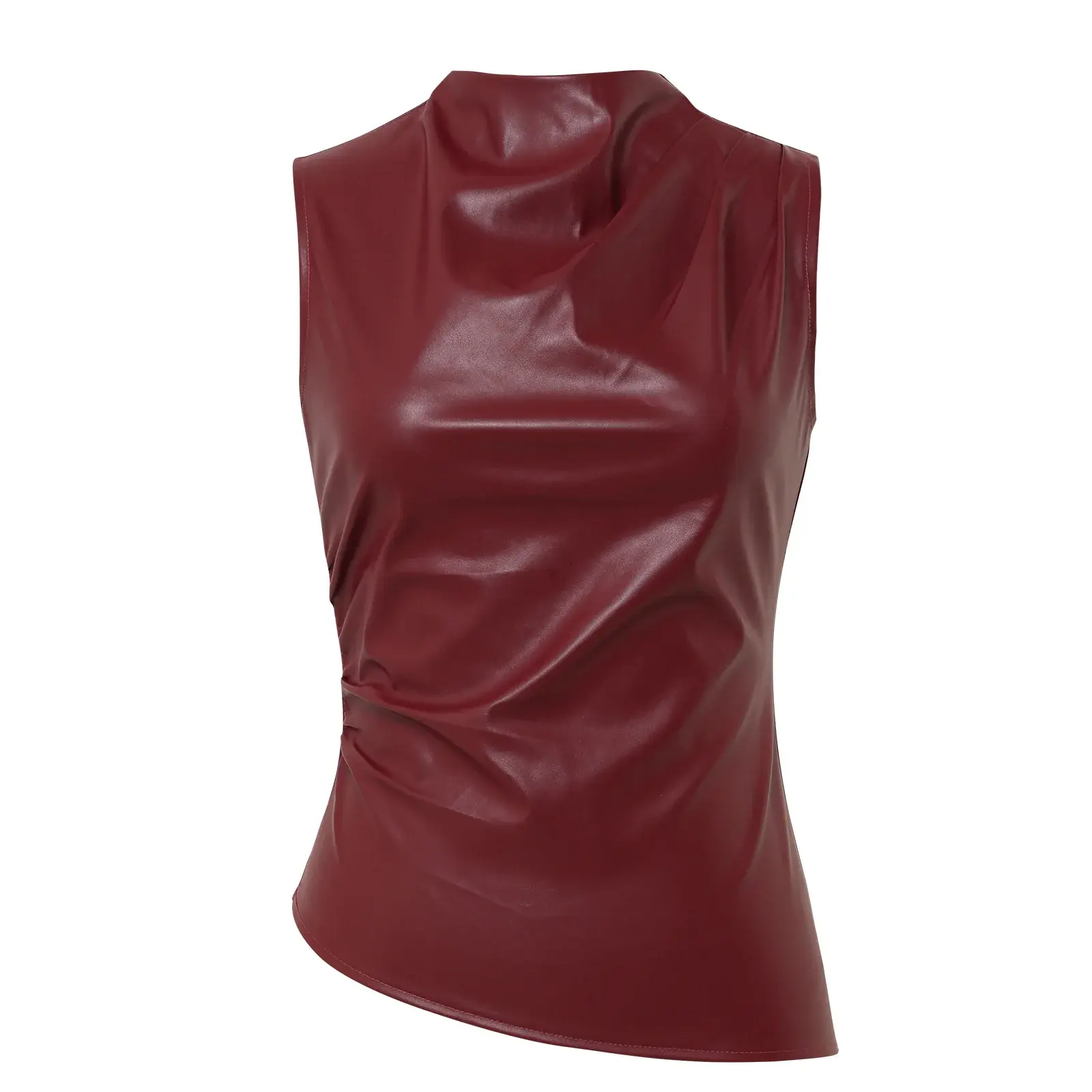 Women's Leather Crop Top Asymmetrical Hem Sleeveless Stand Collar Unisex Cross-Border Style Fashionable Casual Vest
