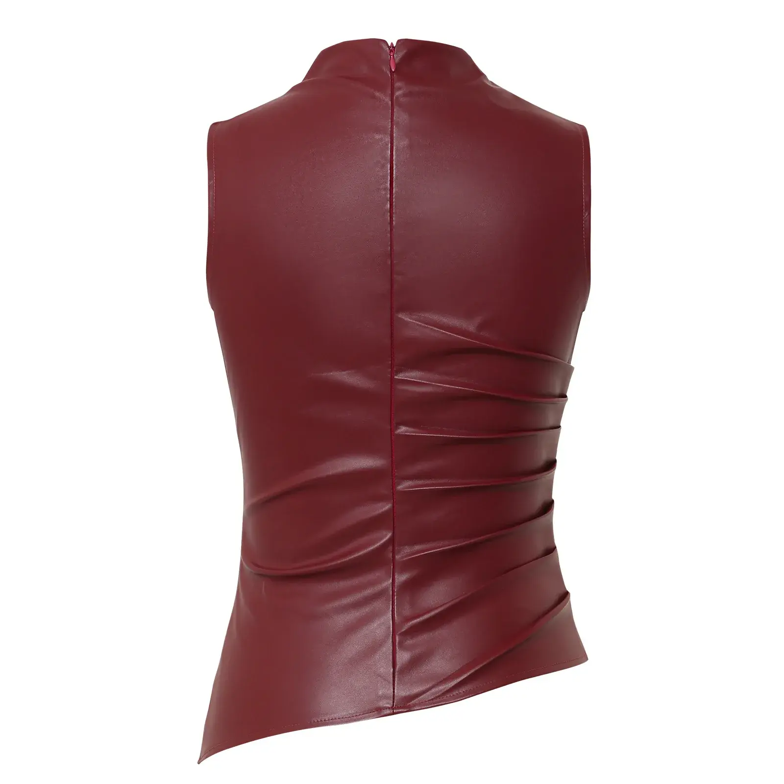 Women's Leather Crop Top Asymmetrical Hem Sleeveless Stand Collar Unisex Cross-Border Style Fashionable Casual Vest