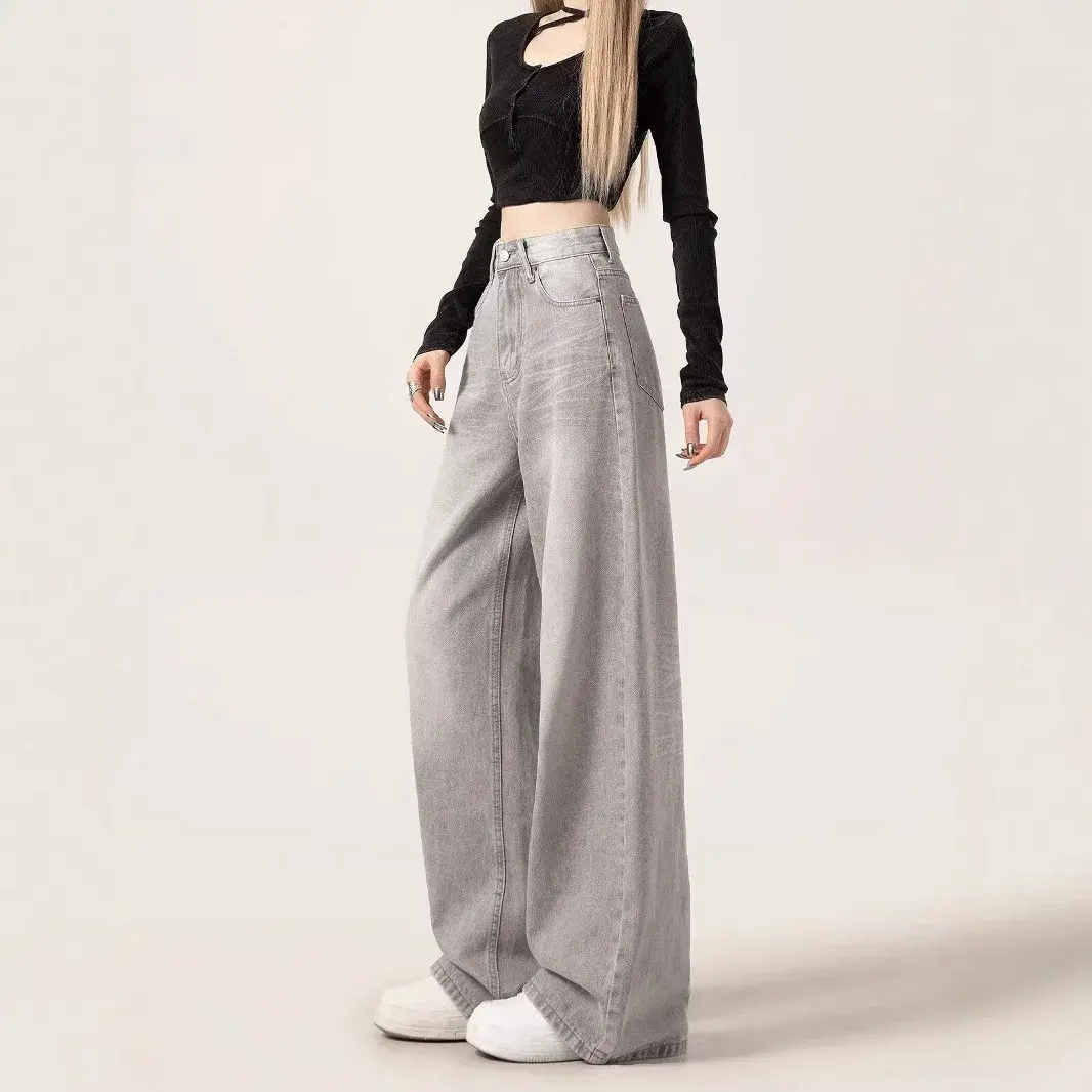 American Retro Wide Leg Jeans Women's Loose Straight Floor-Length Slimming Denim Pants Autumn Grey Washed New Style