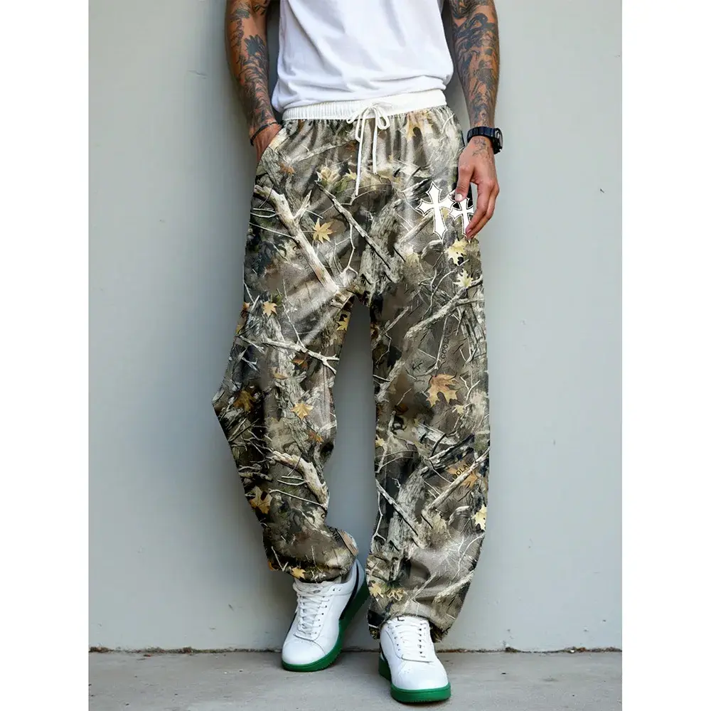 2025 Spring Autumn New American Style Branch Pattern Printing Casual Pants Fashionable Wide Leg Dragging Versatile Long Pants