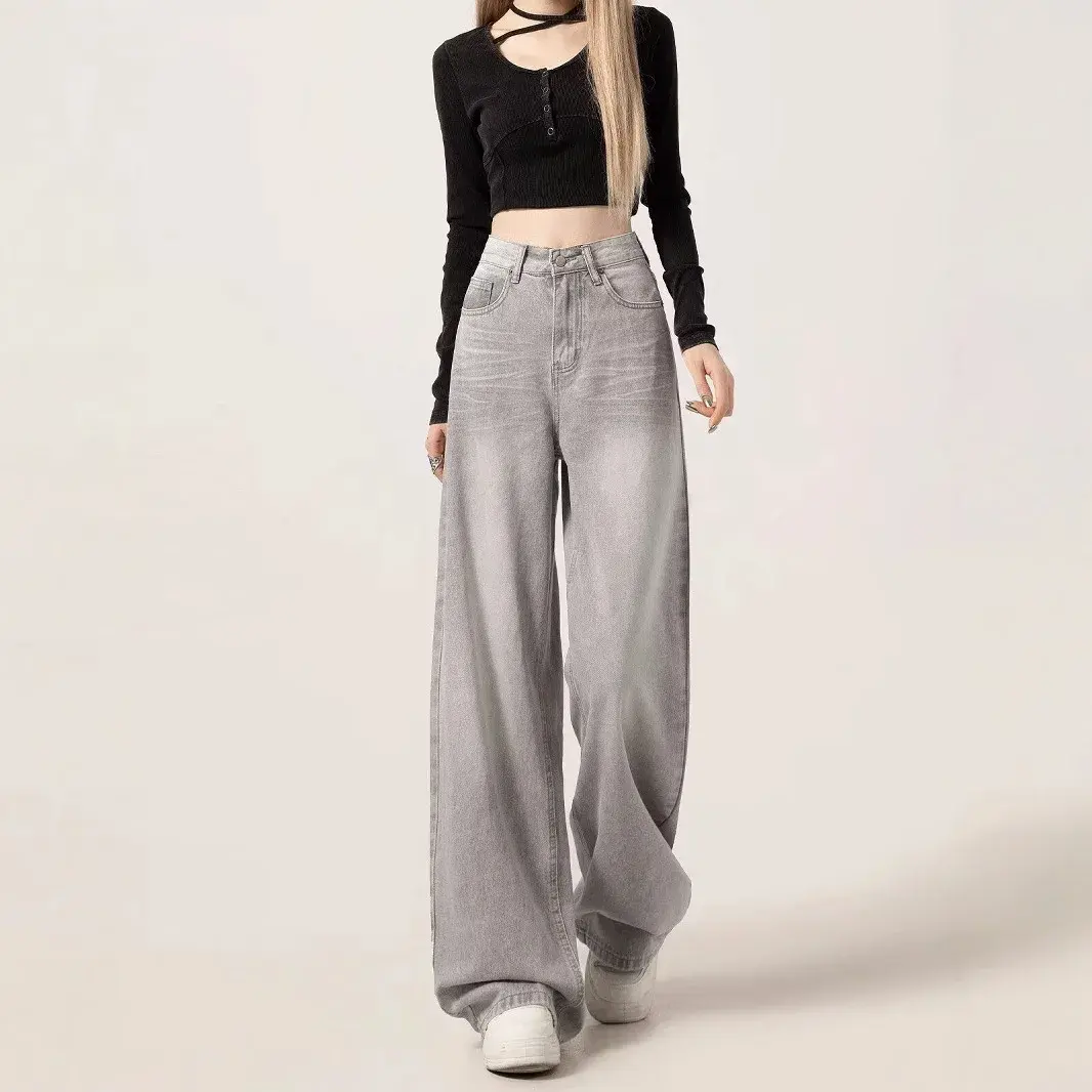 American Retro Wide Leg Jeans Women's Loose Straight Floor-Length Slimming Denim Pants Autumn Grey Washed New Style