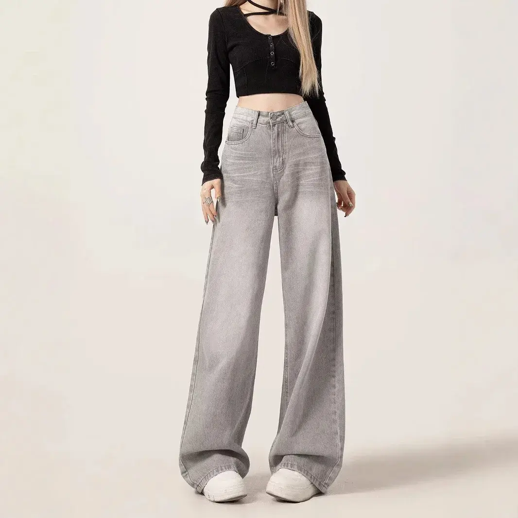 American Retro Wide Leg Jeans Women's Loose Straight Floor-Length Slimming Denim Pants Autumn Grey Washed New Style