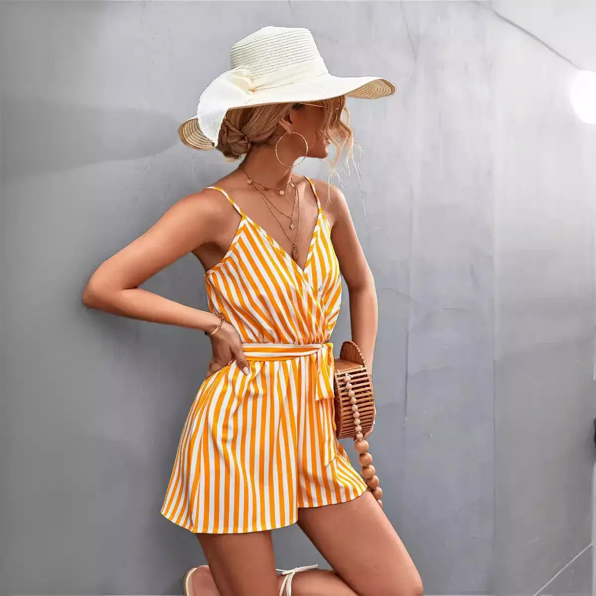 Summer Casual Stripe Loose V-neck Romper Shorts Women's Sleeveless Tight-Fit Jumpsuit Fashionable And Comfortable Design