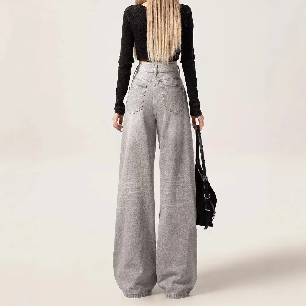 American Retro Wide Leg Jeans Women's Loose Straight Floor-Length Slimming Denim Pants Autumn Grey Washed New Style