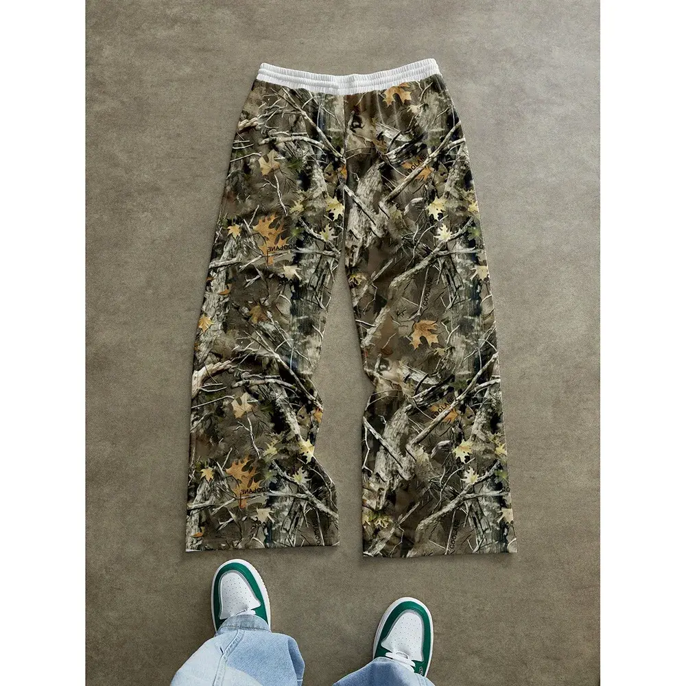 2025 Spring Autumn New American Style Branch Pattern Printing Casual Pants Fashionable Wide Leg Dragging Versatile Long Pants