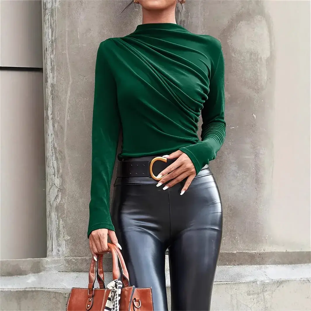 Elegant Women's Long Sleeve T-Shirt Fashionable Half Polo/Turtle Neck Crewe Neck SPANDEX Top Versatile Plaid Pattern