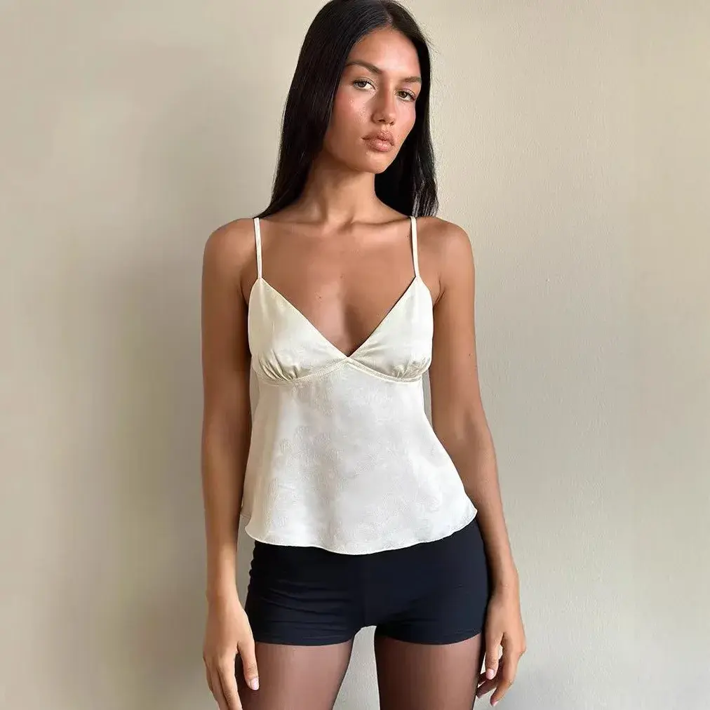 Sexy Slim Fit Floral Embroidery Deep V Crossbody Women's Vest Strapless Backless Blend Fabric Chinese Style Summer Top