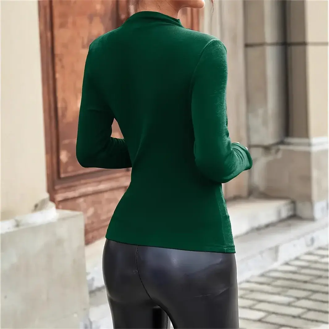 Elegant Women's Long Sleeve T-Shirt Fashionable Half Polo/Turtle Neck Crewe Neck SPANDEX Top Versatile Plaid Pattern