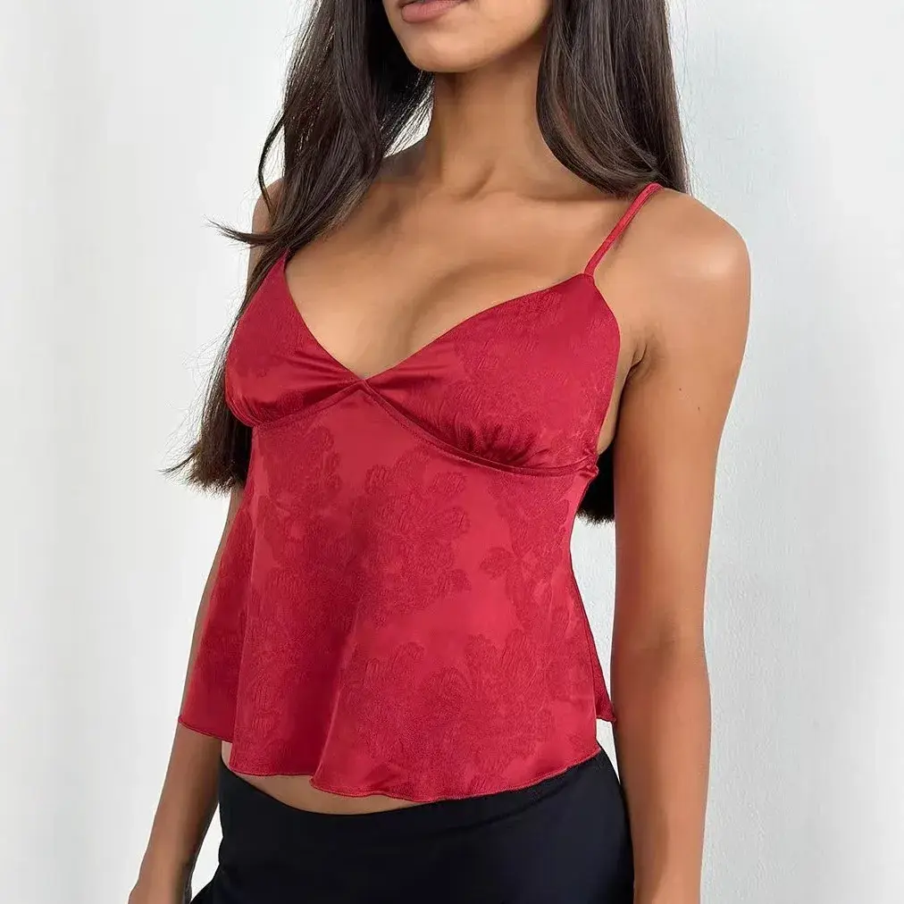Sexy Slim Fit Floral Embroidery Deep V Crossbody Women's Vest Strapless Backless Blend Fabric Chinese Style Summer Top