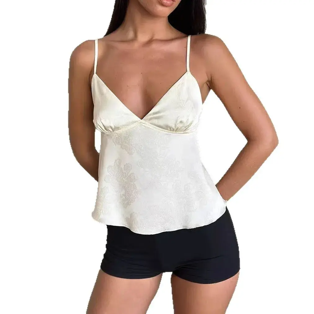 Sexy Slim Fit Floral Embroidery Deep V Crossbody Women's Vest Strapless Backless Blend Fabric Chinese Style Summer Top