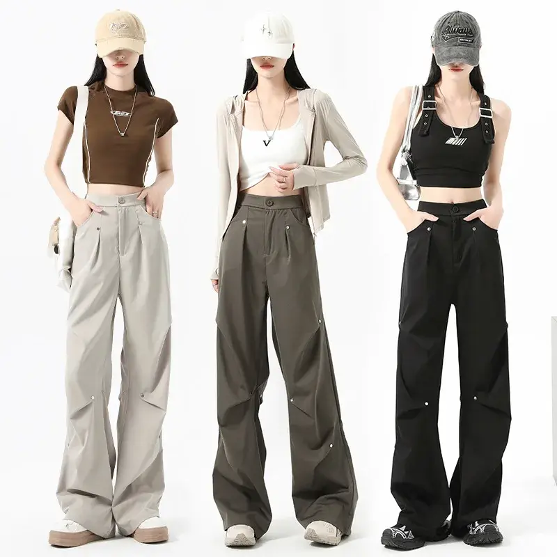 Spicy Girl Style Cropped Studded Sensibility Niche Design Loose-Fit Women's Trousers Summer Thin Style Dragging Pants