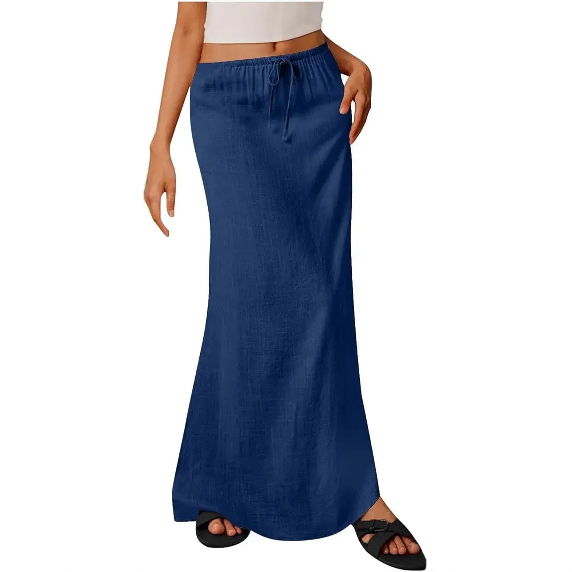 Summer Ladies Casual Pure Color Linen A- Line Skirt Half-length Drawstring Waist Sash Elegant Drifting Skirts for Women
