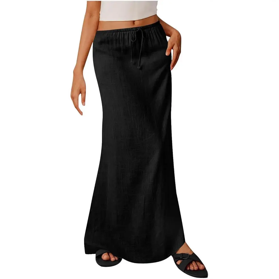 Summer Ladies Casual Pure Color Linen A- Line Skirt Half-length Drawstring Waist Sash Elegant Drifting Skirts for Women