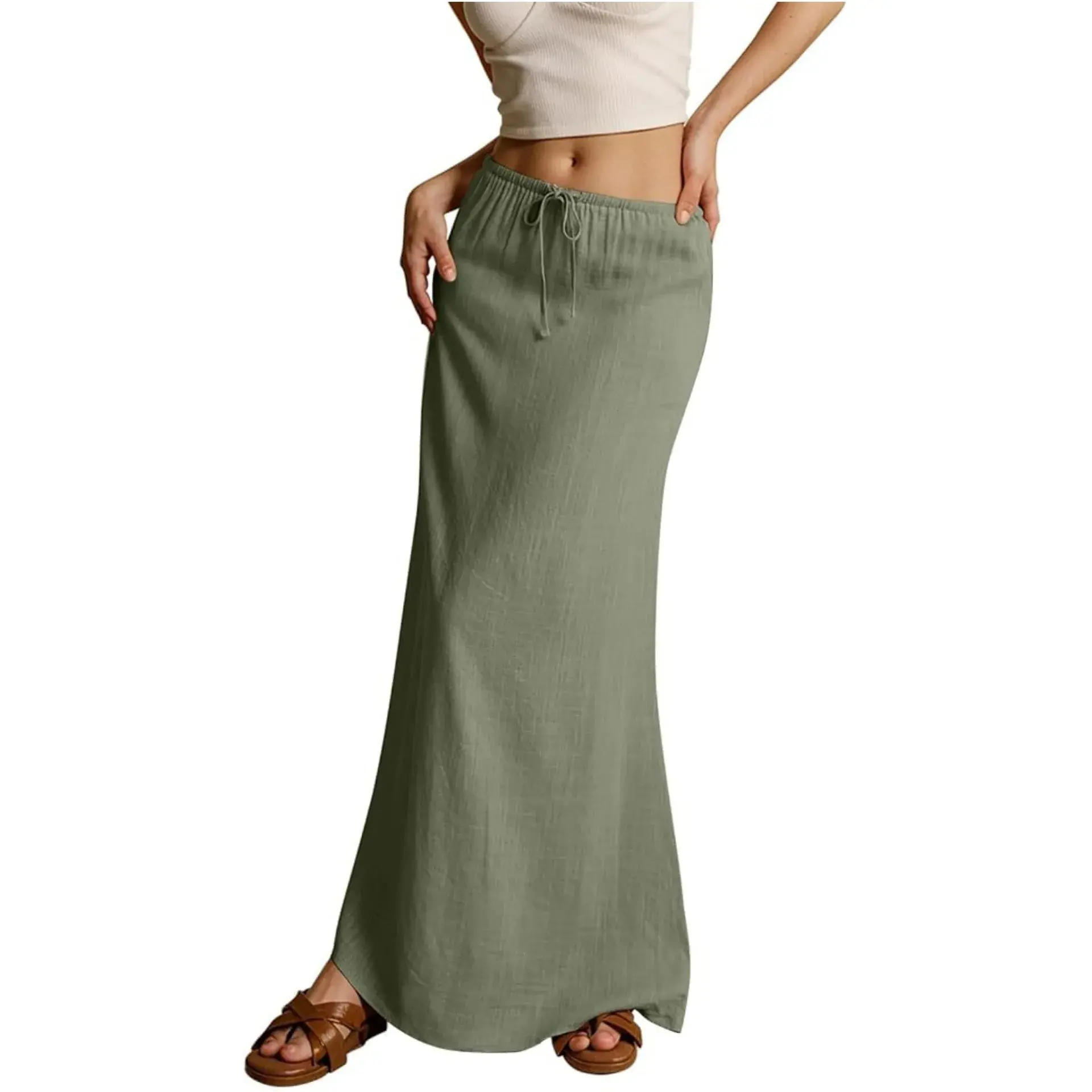 Summer Ladies Casual Pure Color Linen A- Line Skirt Half-length Drawstring Waist Sash Elegant Drifting Skirts for Women