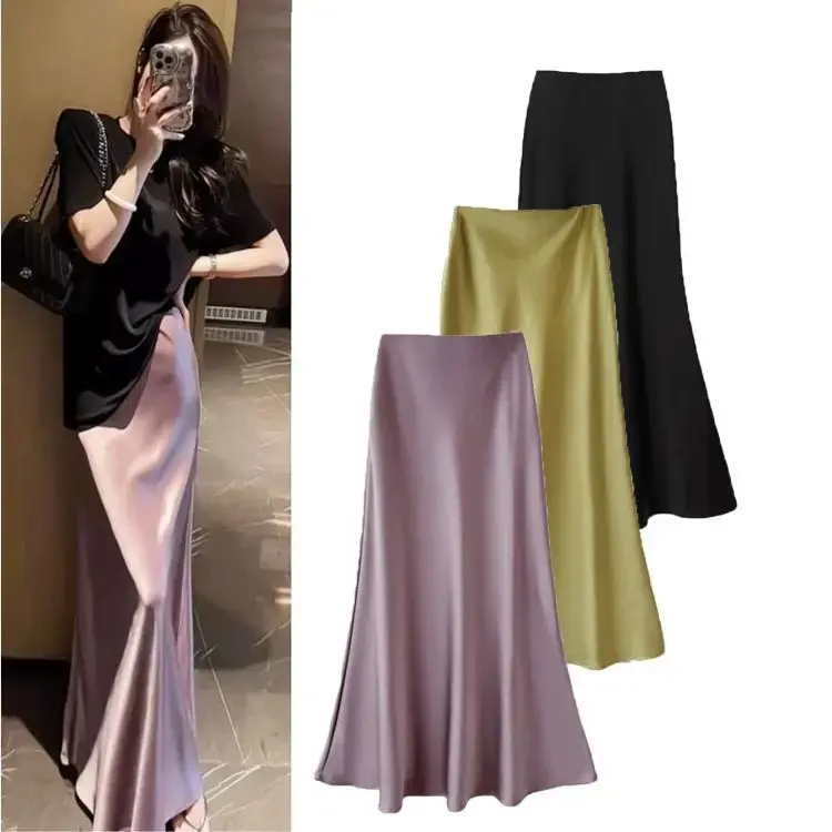 High Waist Slimming Mid-Length Acetate Satin Women's Skirt Bodycon Fish Tail Long Dress Spring Summer Draping Skirts