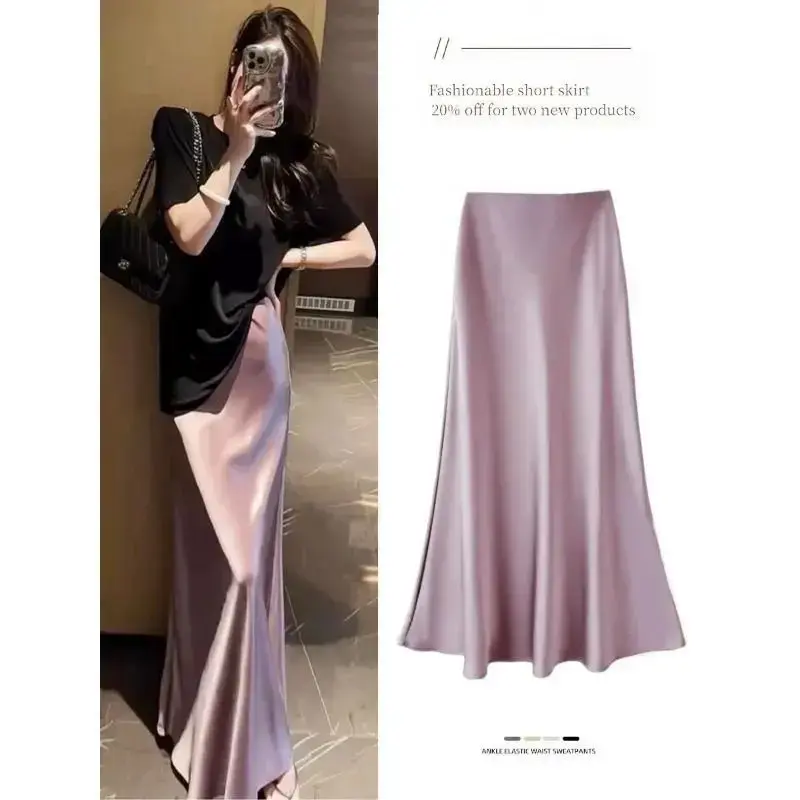 High Waist Slimming Mid-Length Acetate Satin Women's Skirt Bodycon Fish Tail Long Dress Spring Summer Draping Skirts