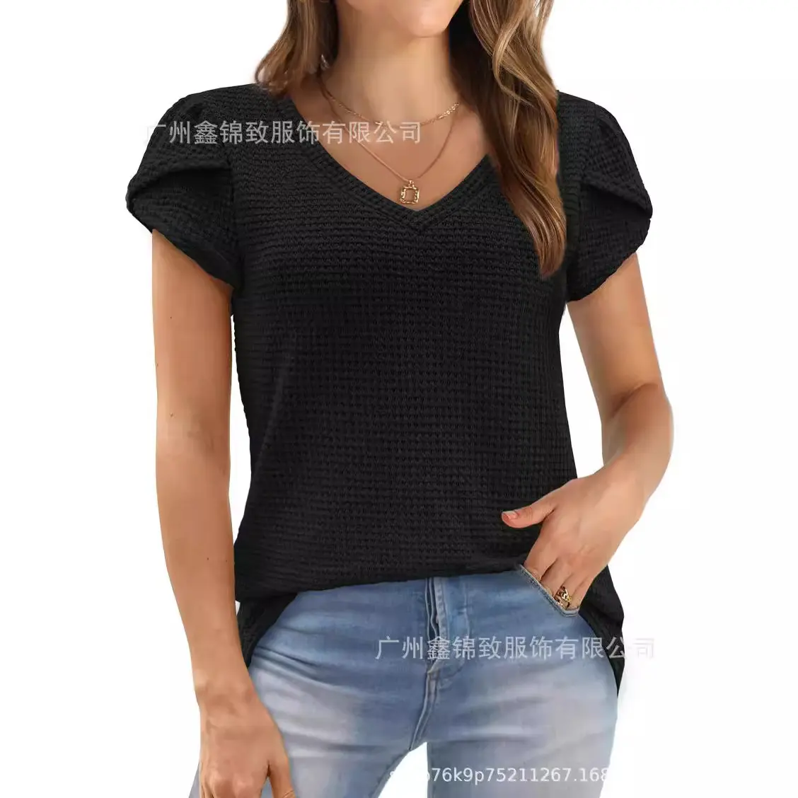 Women's Loose Short Sleeve V-Neck Knitted Top Fashionable Casual Summer T-Shirt Polyester Fiber Petal Sleeve Versatile Style