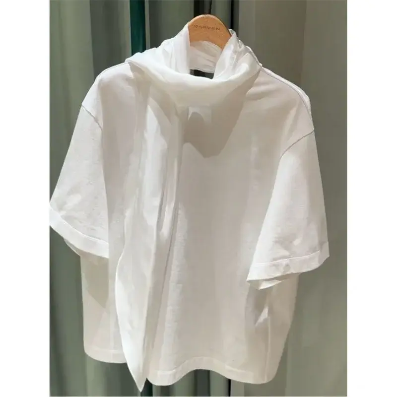 Chic White Butterfly Knot T-Shirt Women's Fashionable Miniature Design European Style Short Sleeve Crew Neck Top