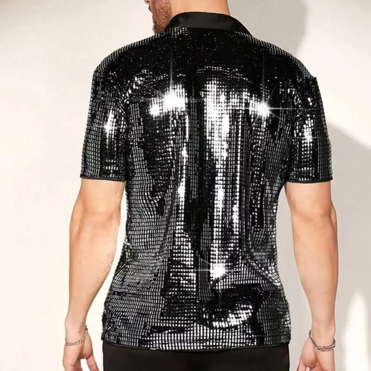 Summer New Style Men's Shirt Breathable Sparkling Short Sleeve Square Collar Patchwork Color Casual Motorcycle Shirt