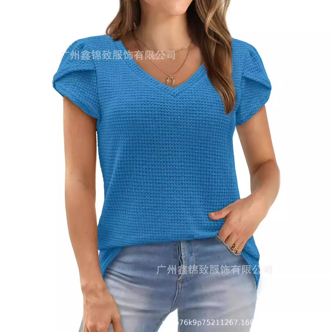 Women's Loose Short Sleeve V-Neck Knitted Top Fashionable Casual Summer T-Shirt Polyester Fiber Petal Sleeve Versatile Style