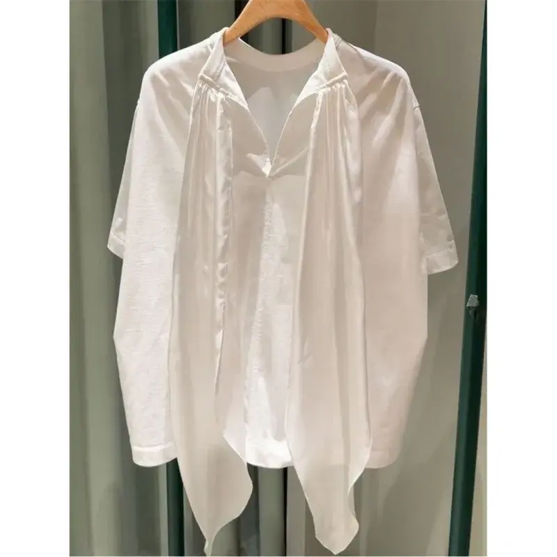 Chic White Butterfly Knot T-Shirt Women's Fashionable Miniature Design European Style Short Sleeve Crew Neck Top
