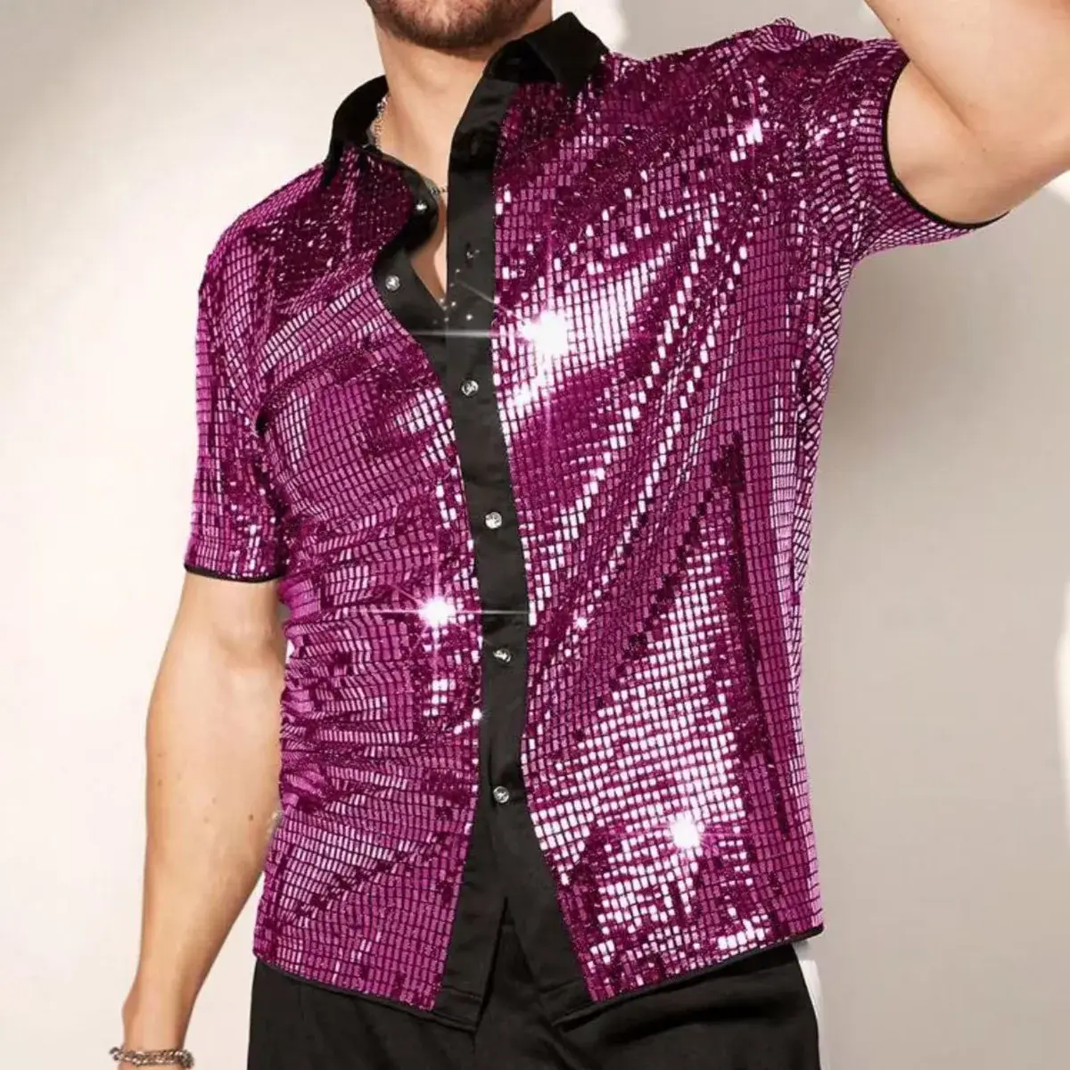 Summer New Style Men's Shirt Breathable Sparkling Short Sleeve Square Collar Patchwork Color Casual Motorcycle Shirt