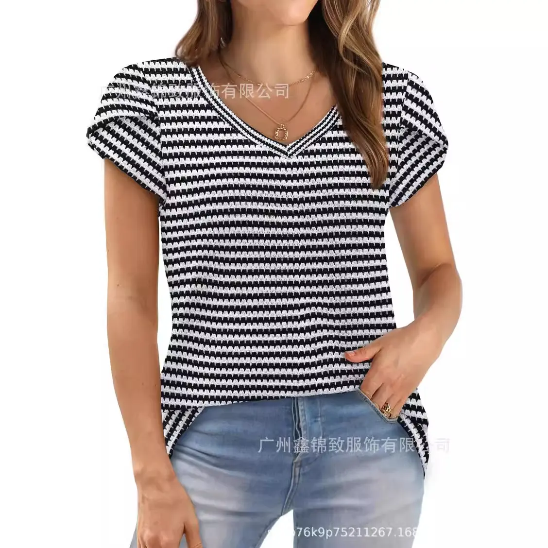 Women's Loose Short Sleeve V-Neck Knitted Top Fashionable Casual Summer T-Shirt Polyester Fiber Petal Sleeve Versatile Style