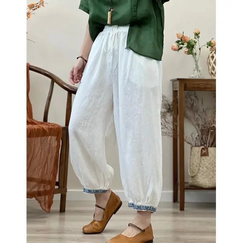New Hot Sale Of The Season Women's Cotton Linen Nine-Piece Pants Embroidered Lantern Style Trendy Ethnic Minority Artistic Chine