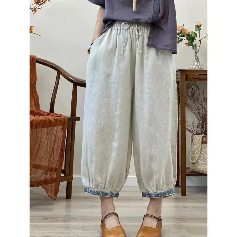 New Hot Sale Of The Season Women's Cotton Linen Nine-Piece Pants Embroidered Lantern Style Trendy Ethnic Minority Artistic Chine