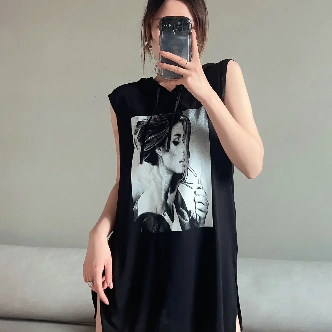 Modale Hooded Vest Women Spring Summer New Drawstring Sleeveless Midi Length Printed T-shirt Fashionable Waistcoat Base Shirt